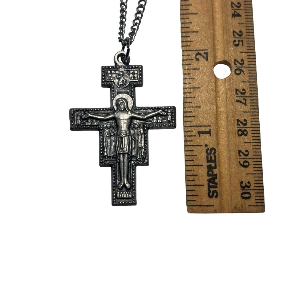 Vintage Italy Silver Tone Etched San Damiano Crucifix Christian Cross Necklace - Picture 6 of 9
